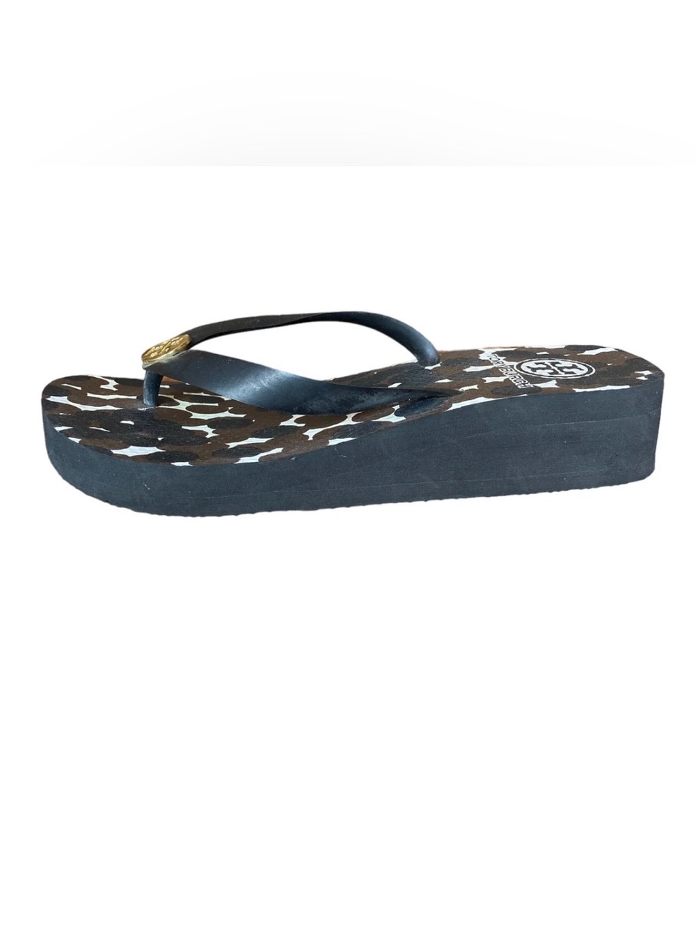 Tory Burch gold logo spotted print Black White Wedge Sandals Flip Flop Size 8